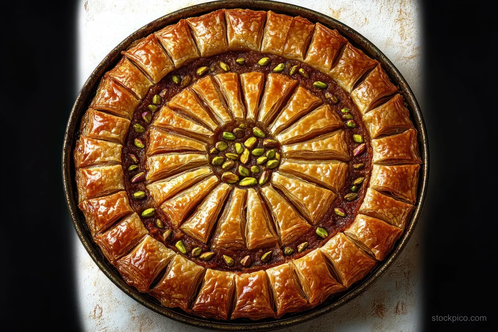 Circular golden baklava on a dark tray, topped with pistachios, photographed from above against a black background.