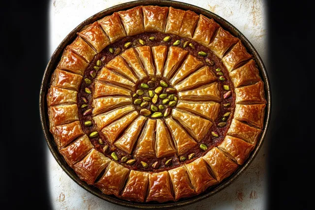 Circular golden baklava on a dark tray, topped with pistachios, photographed from above against a black background.