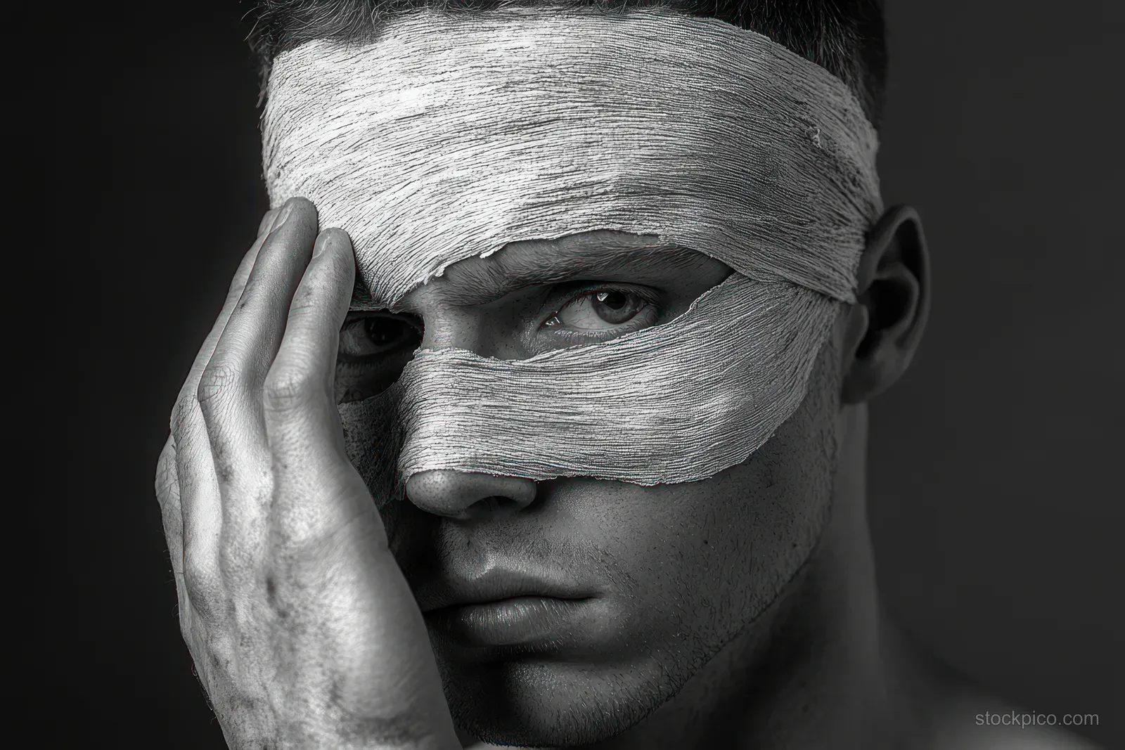 Black and white close-up of a young man with bandaged head wrapping and an intense, somber gaze.