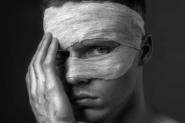 Black and white close-up portrait of a bandaged young man holding his eye