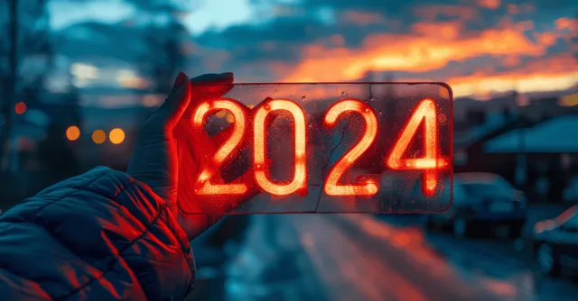 Silhouetted hand holds glowing 2024 lights with a sunrise sky over a city street.