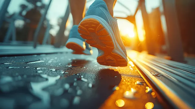 Runner’s legs sprint on treadmill, sunlit gym light streaks and motion blur