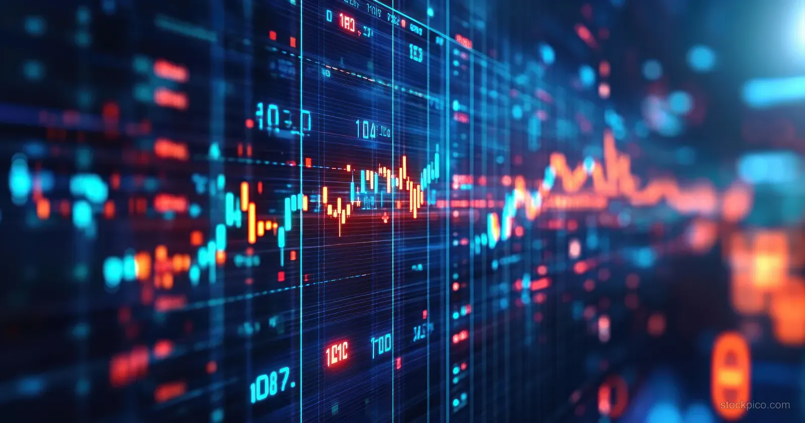 Glowing candlestick charts with ticker figures float over a blurred neon city skyline at night.