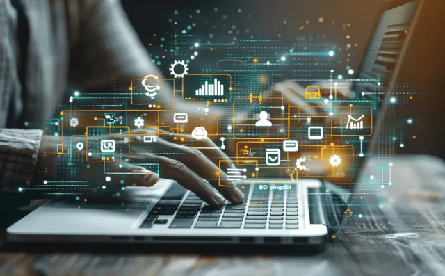 Mãos digitando em um laptop com ícones de análise flutuantes e sobreposição de gráficos de aprendizado na tela.