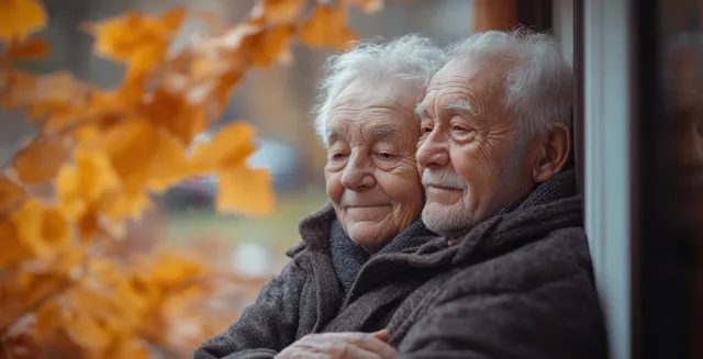 Two older men hug warmly by a window, cozy home interior, autumn leaves.