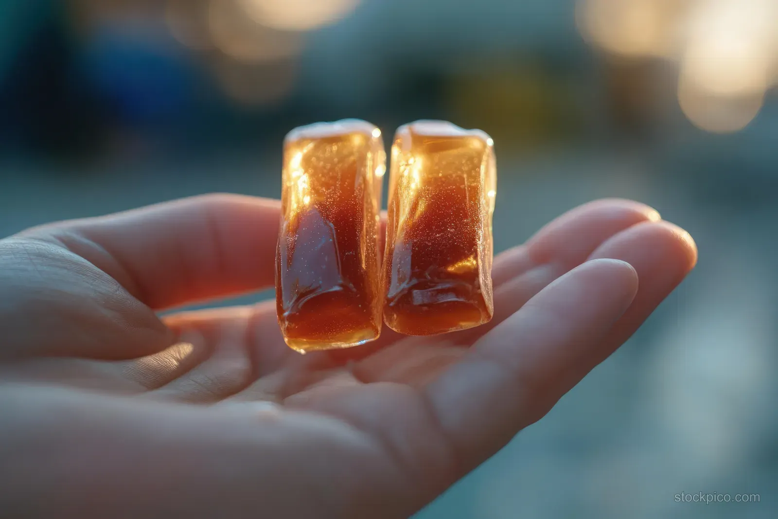 A hand holds two amber dodol Garut coconut palm-sugar candy cubes close to the camera.