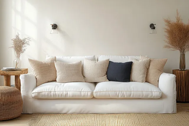 White sofa with textured cushions in a bright Scandinavian living room with sunlit neutral decor.