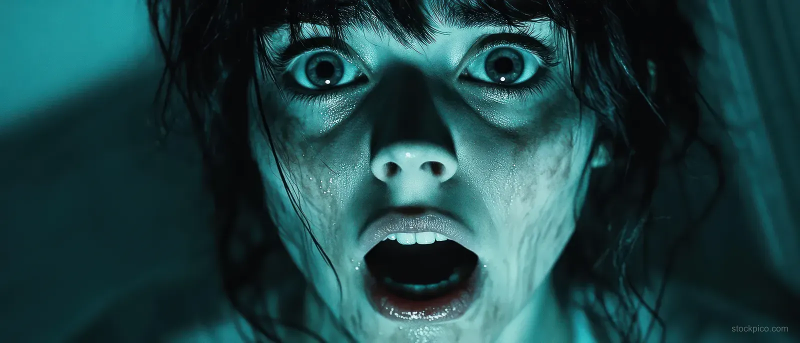 A close-up of a frightened young woman with wide eyes and open mouth under bluish dramatic lighting.