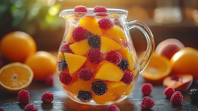 A glass pitcher filled with peach slices, raspberries, and blackberries sits on a wooden table alongside oranges.