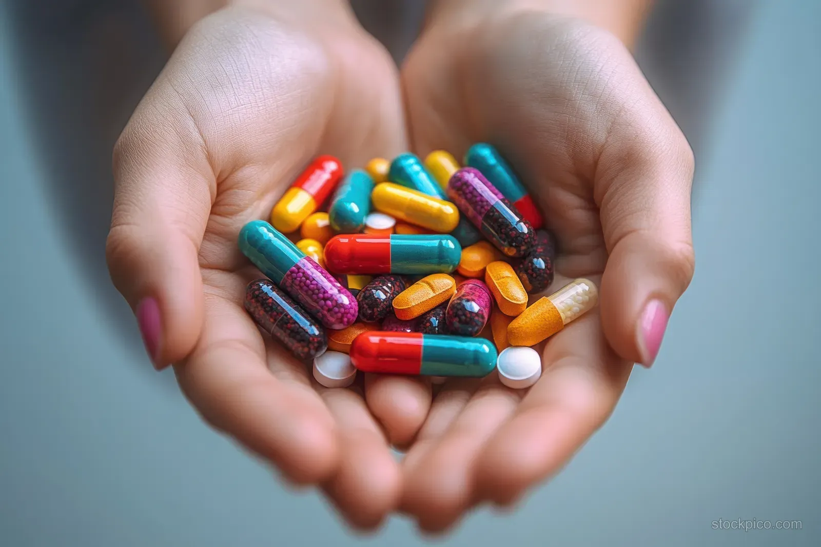 Cupped hands hold a colorful mixture of capsules and tablets on a neutral background.