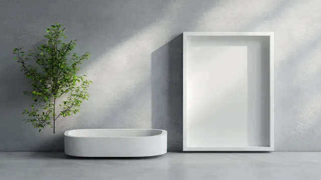 Open minimalist box packaging mockup on a gray background with soft shadows and a small plant.