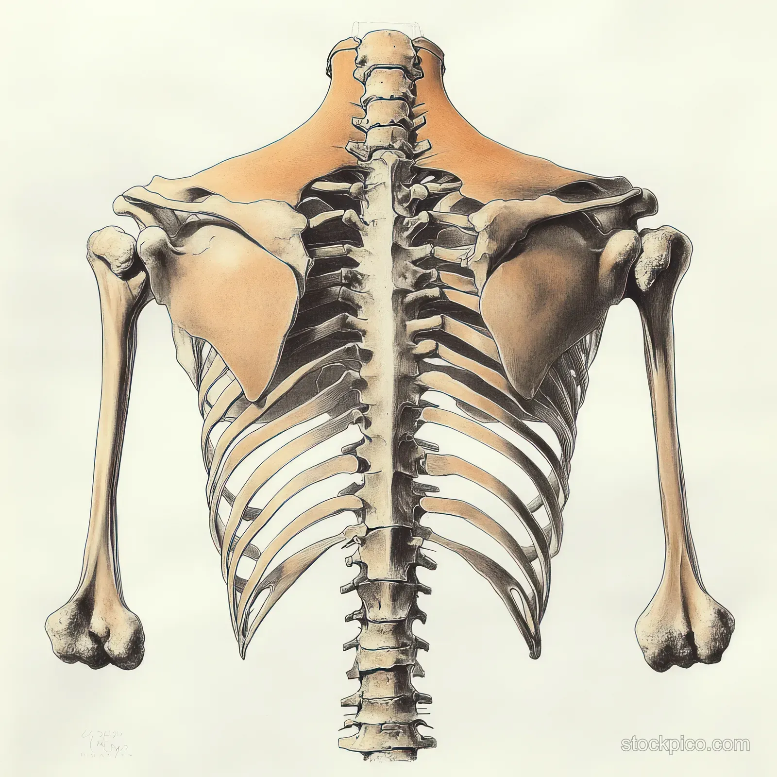 Anatomical illustration of a human skeleton torso highlighting the spine and shoulder blades under soft lighting.