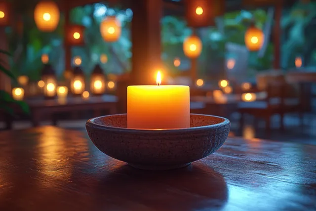 Candle in dark ceramic bowl with warm flame glow, night ambience and distant lights
