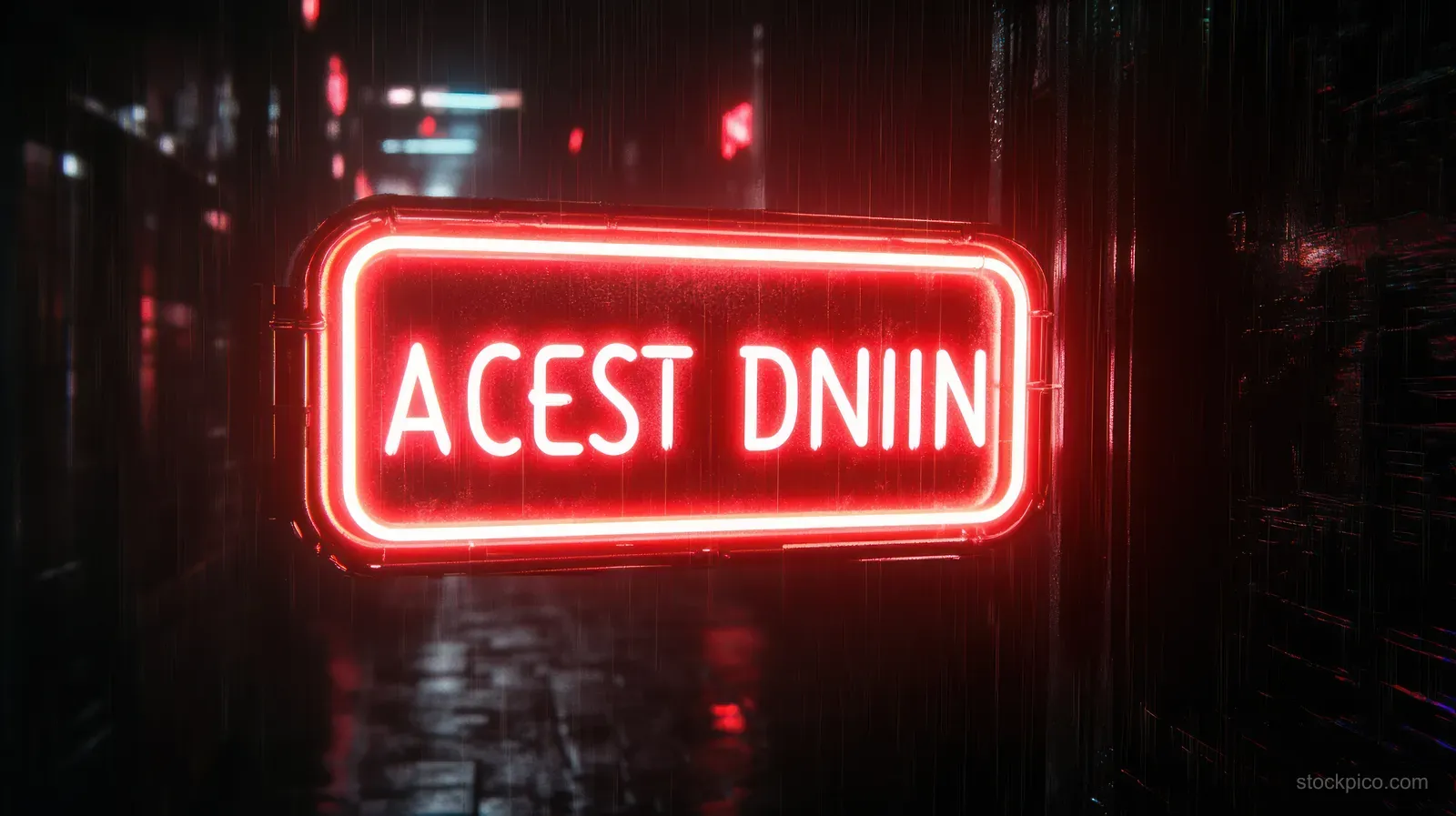 Red neon sign glowing on a dark rainy alley wall at night.