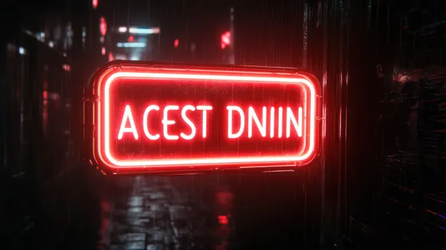 Glowing red neon sign in a rainy urban alley at night
