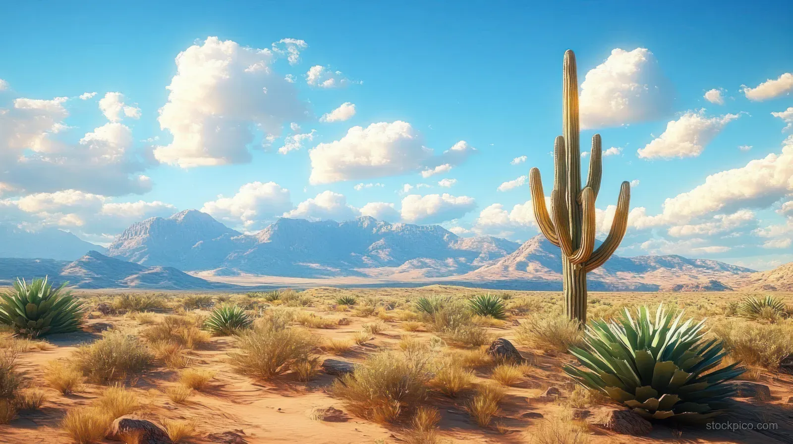 A tall cactus stands in a desert landscape with shrubs, agave plants, clouds, and mountains.