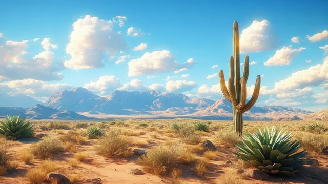 Tall cactus in desert scrubland beneath blue sky and mountains