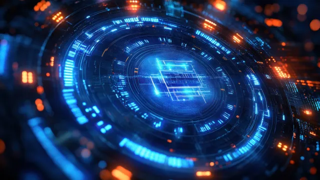 Glowing circular digital interface with blue and orange circuitry rings