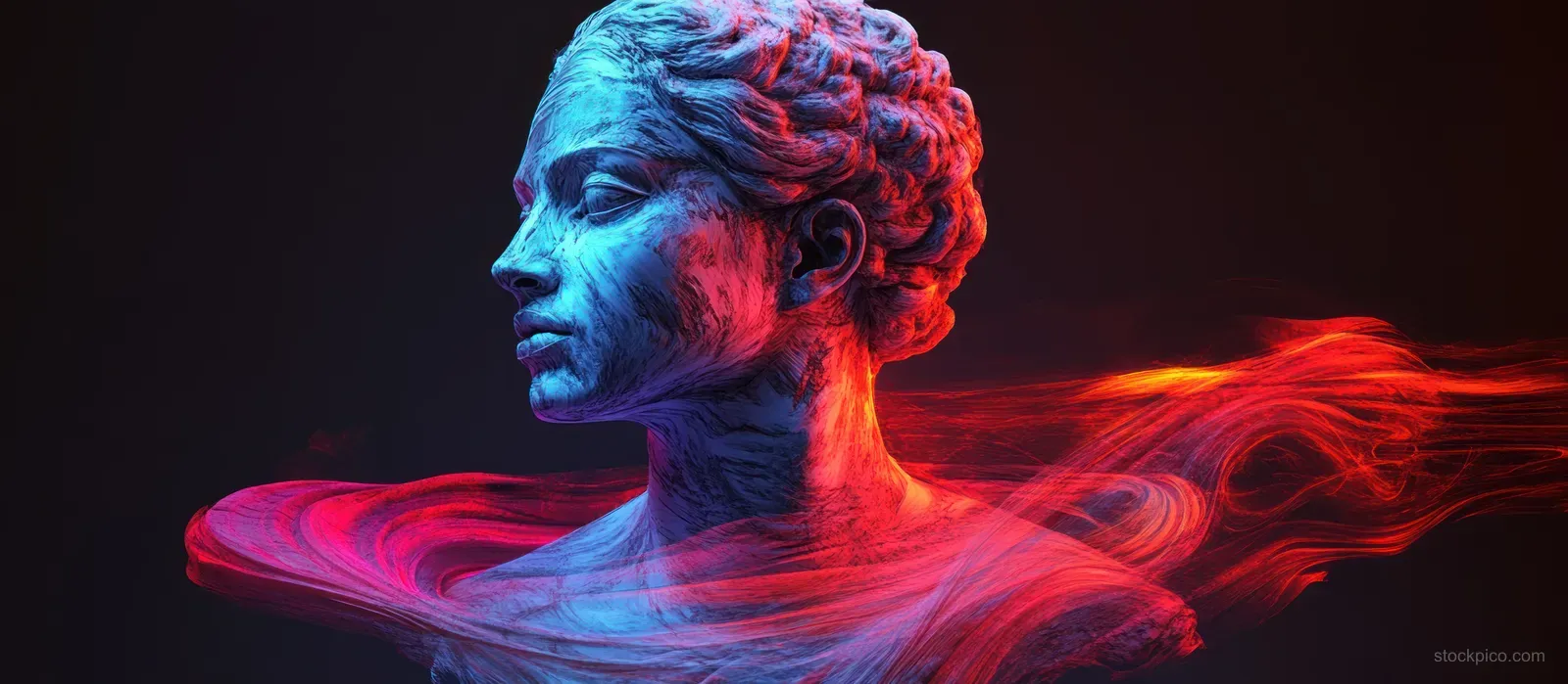 Neon-lit Apollo bust with red-blue glitch distortion and flowing plasma ribbons behind the head.
