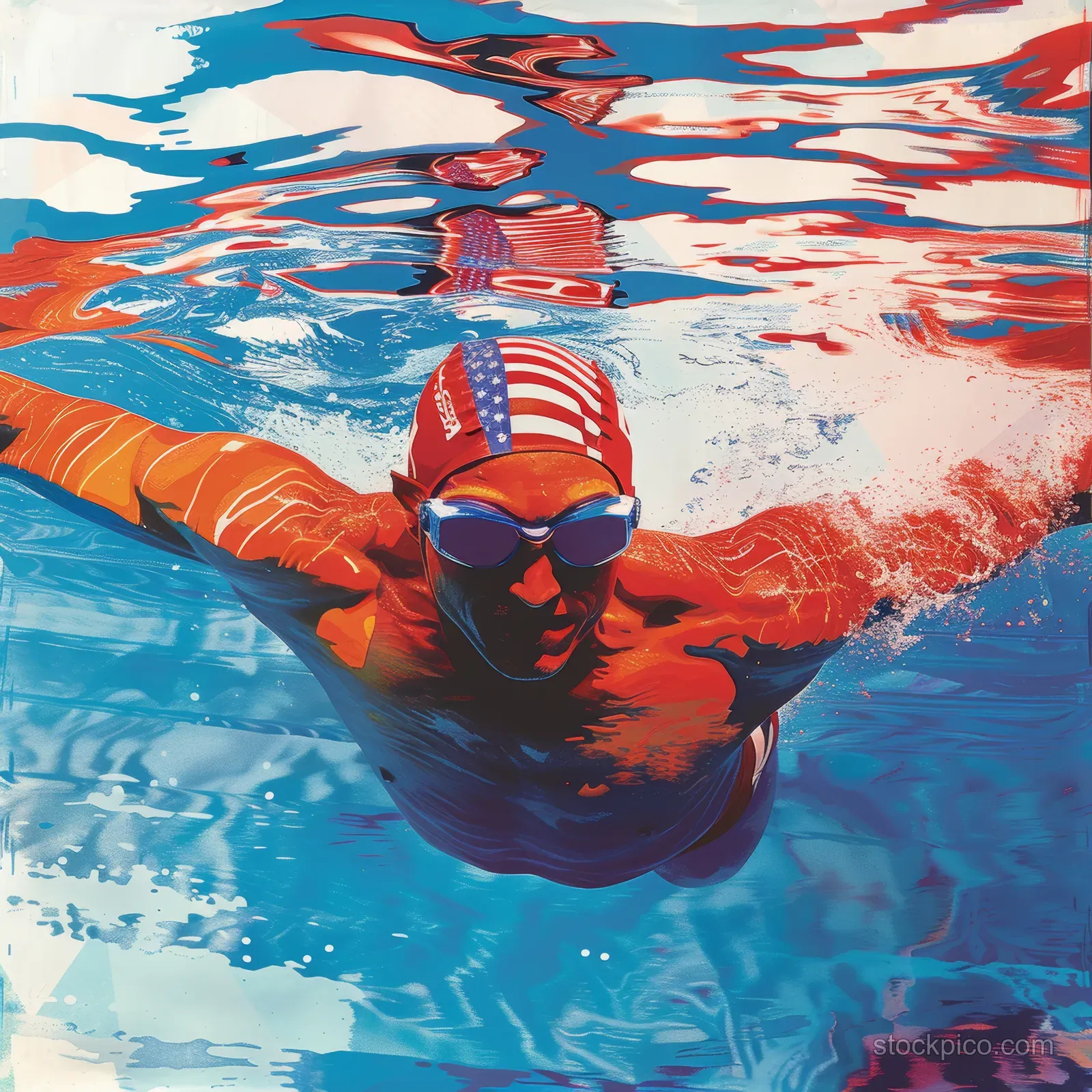 USA-themed male swimmer wearing goggles and cap drives through butterfly stroke with red-white-blue water waves.