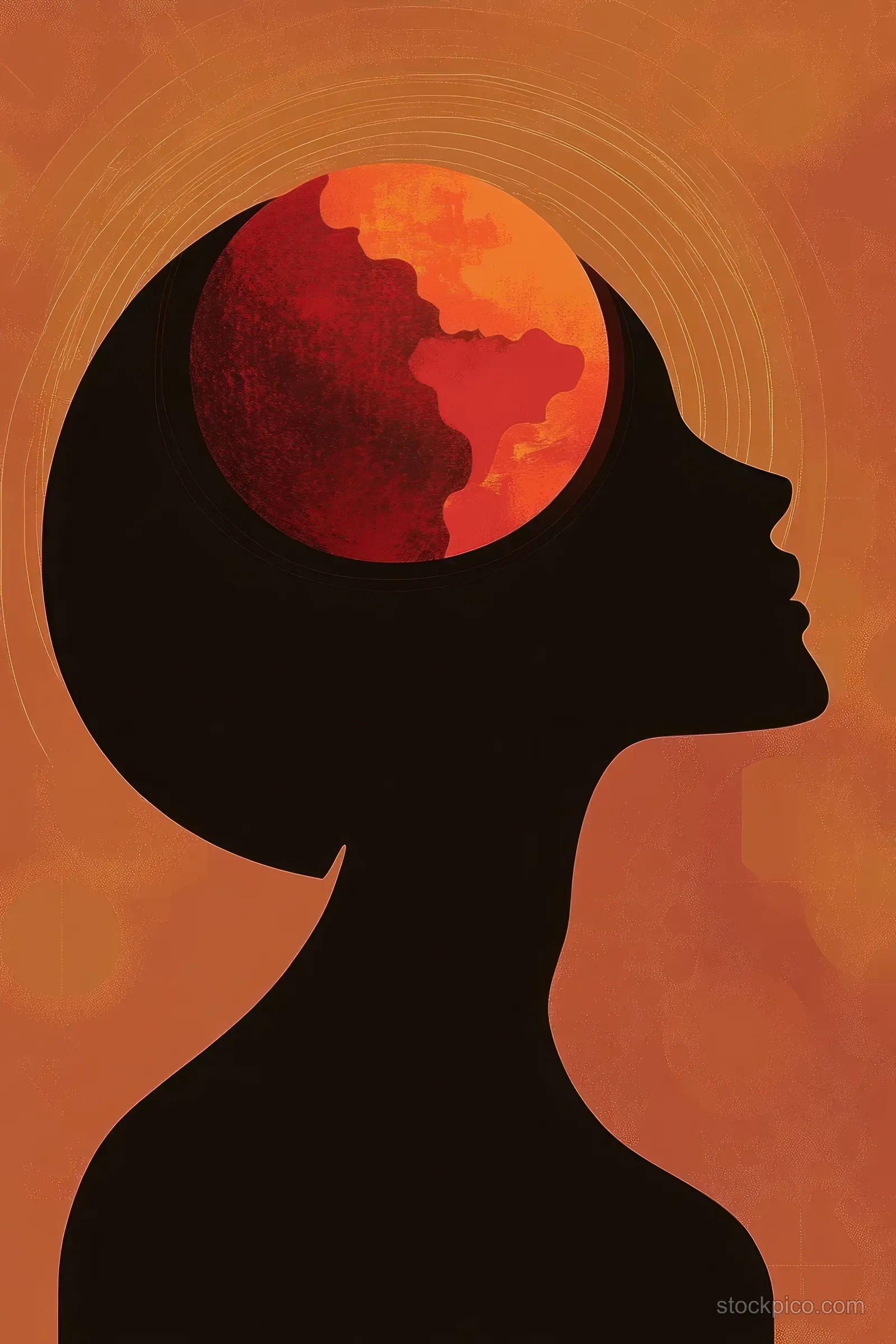 Woman profile silhouette with a red globe inside a brain-like circle against a warm orange-red textured background.