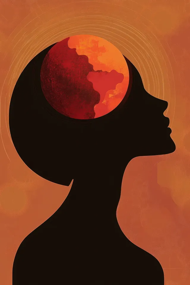 Woman profile silhouette with a red globe inside a brain-like circle against a warm orange-red textured background.