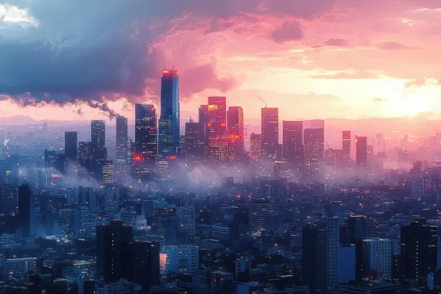 Glowing skyscraper skyline at sunset with pink-blue clouds and dense fog rolling over the city.