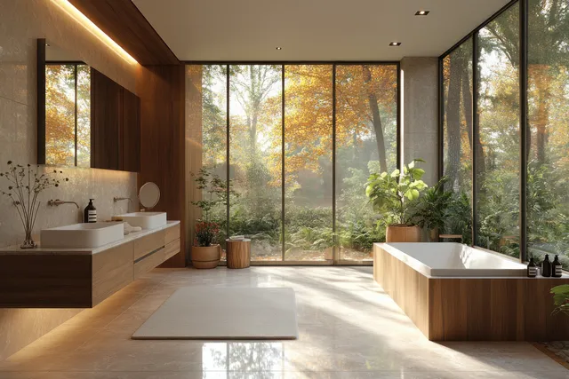 Minimalist bathroom interior with wooden panels, large mirror wall, and dual white sinks by bright floor-to-ceiling windows.