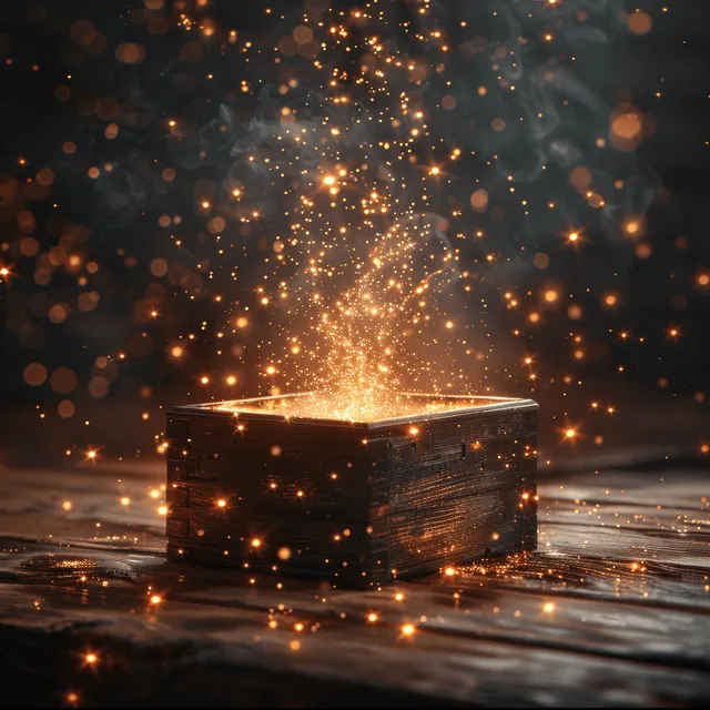 Magical wooden box releasing golden sparkles across rustic wooden tabletop