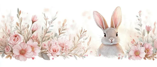Watercolor Easter bunny ears and small rabbit nestled among pink blossoms in soft sunlight