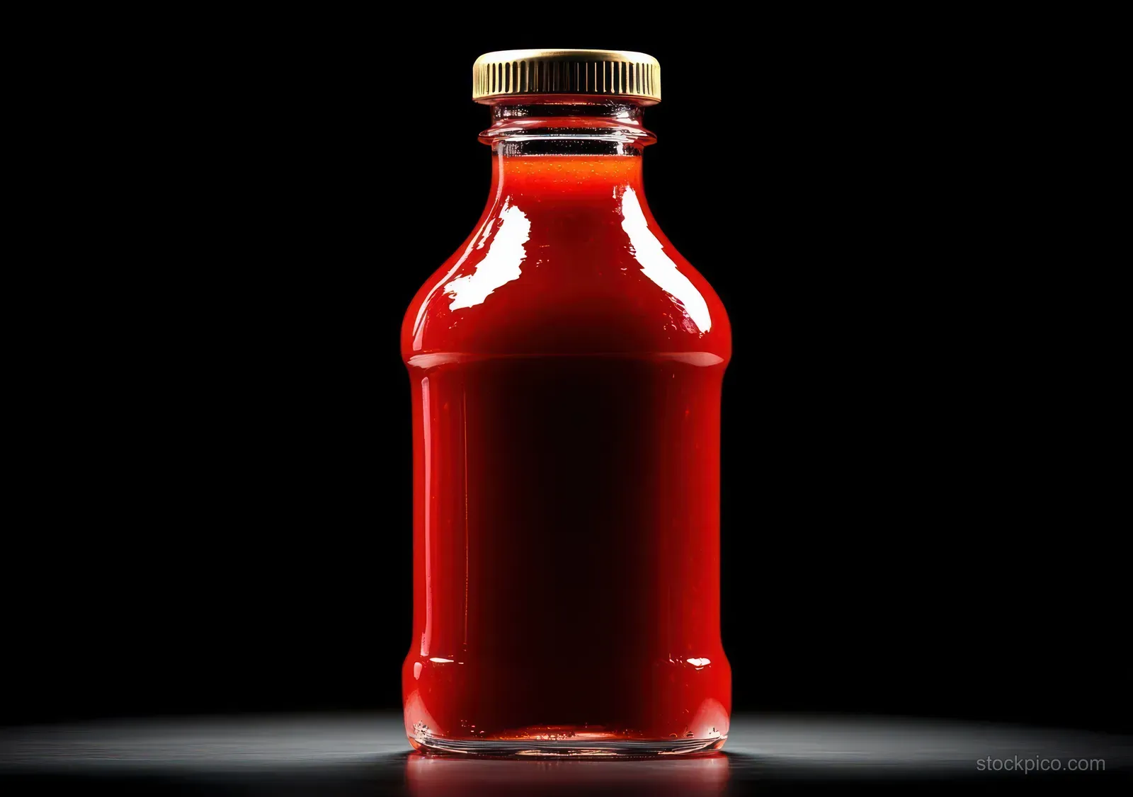 A clear glass bottle filled with bright red sauce and sealed with a golden screw cap under a spotlight on black.