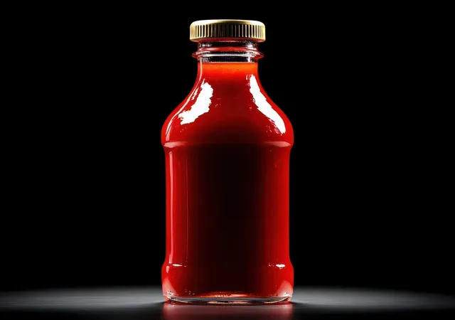 A clear glass bottle filled with bright red sauce and sealed with a golden screw cap under a spotlight on black.