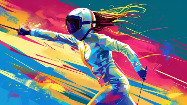 British female pentathlete lunging forward in fencing gear with neon colorful motion streaks behind.