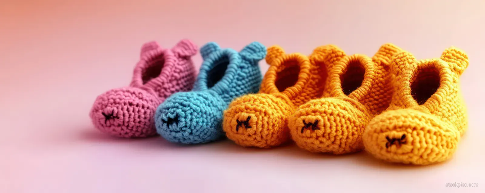 Colorful knitted baby booties in pink blue and yellow arranged in a neat row on a soft pink background.