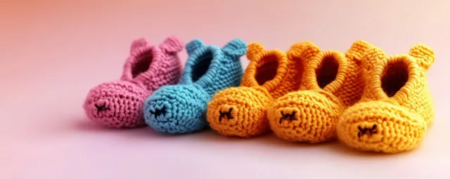 Colorful knitted baby booties in pink blue and yellow arranged in a neat row on a soft pink background.