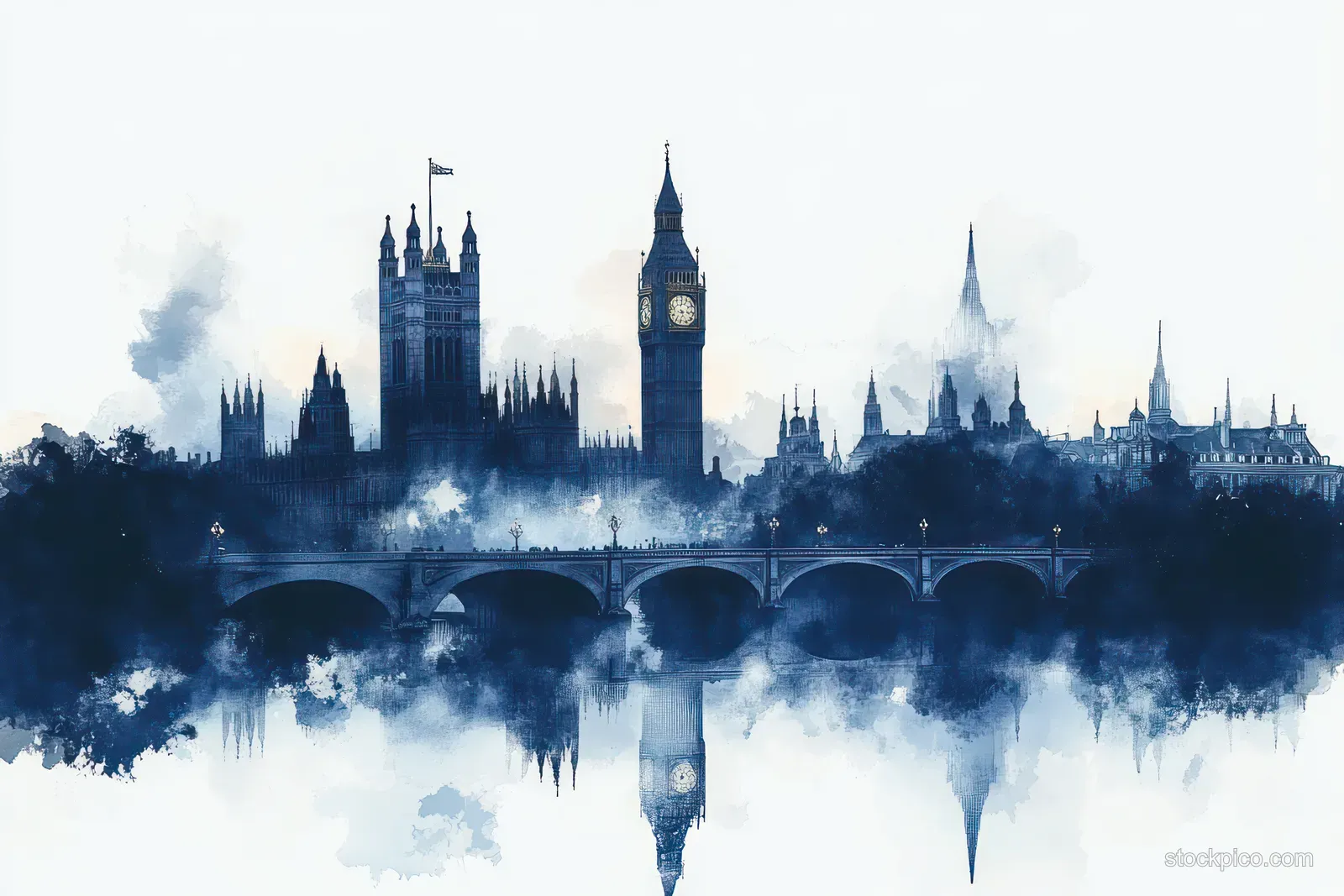 Fog drifts over a gothic city skyline with a clock tower, arched bridge, and calm water reflections.