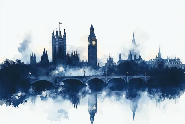 Fog drifts over a gothic city skyline with a clock tower, arched bridge, and calm water reflections.