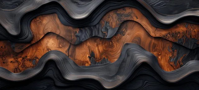 Layered dark wavy carvings on a weathered black-brown wooden background with visible grain texture.