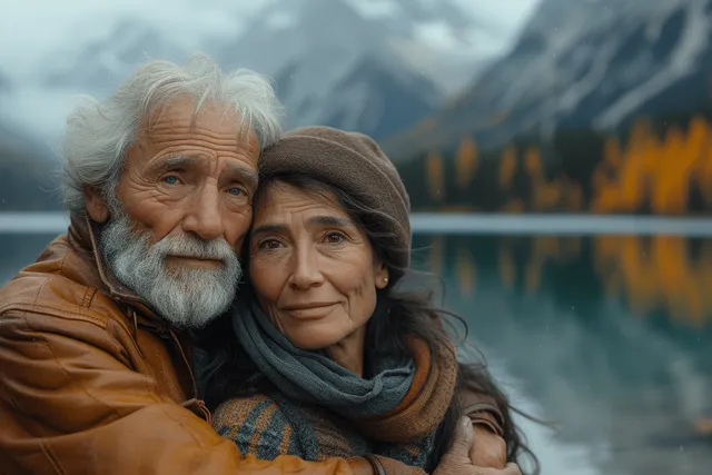 Senior couple hugging outdoors on a mountain lakeside trail with misty peaks and calm water behind them.