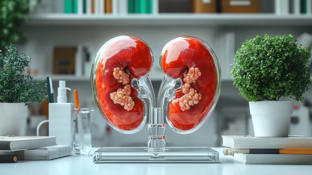 Transparent kidney anatomical model with visible kidney stones on a clear stand beside books, plants, and office supplies.