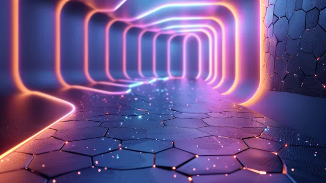 Neon hexagonal grid corridor with glowing 3D frames on deep blue background