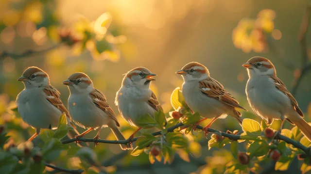 A flock of small birds sings on a sunlit branch surrounded by spring blossoms and green leaves.