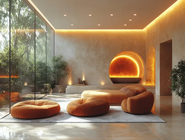 Minimalist living room interior with panoramic glass windows, warm ambient lights, and rounded sofa seating on a light rug.