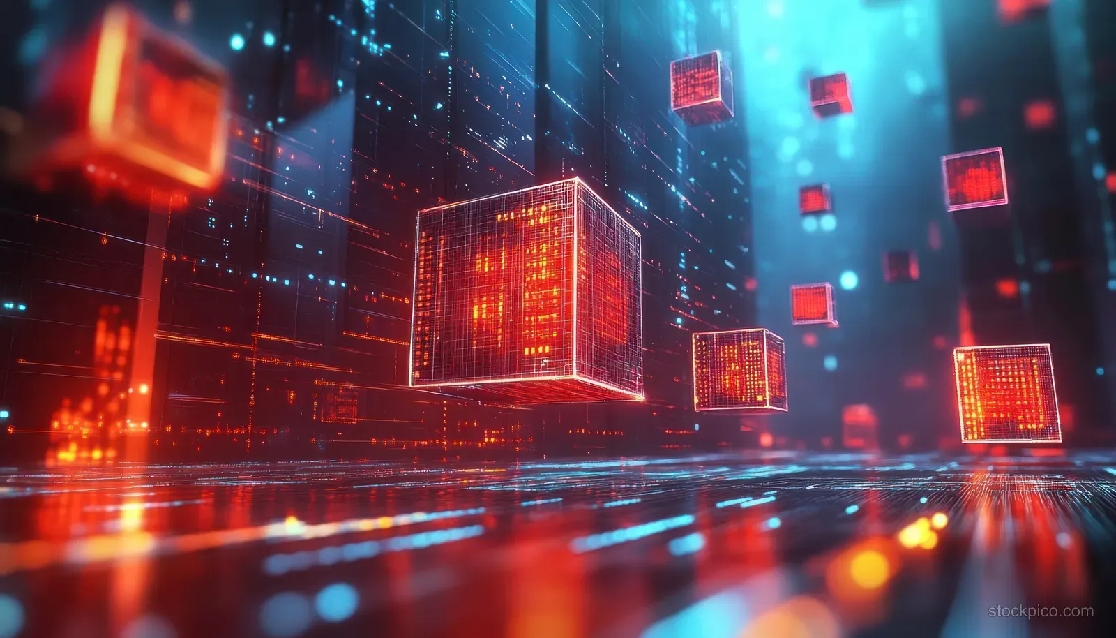 Red and blue 3D data cubes float above a neon cyber grid as binary code particles shimmer in the air.