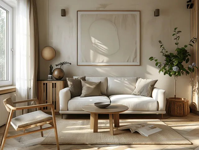Sunlit minimalist living room with beige sofa, wooden dining table, and a large framed poster on the wall.