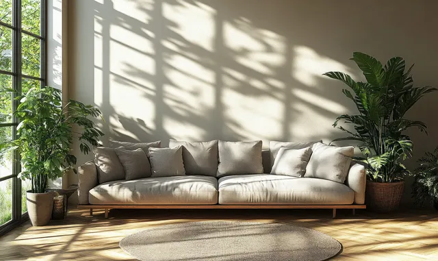 Grey sofa with plush cushions sits in a bright Scandinavian living room with potted plants and sunlight through sheer curtains.