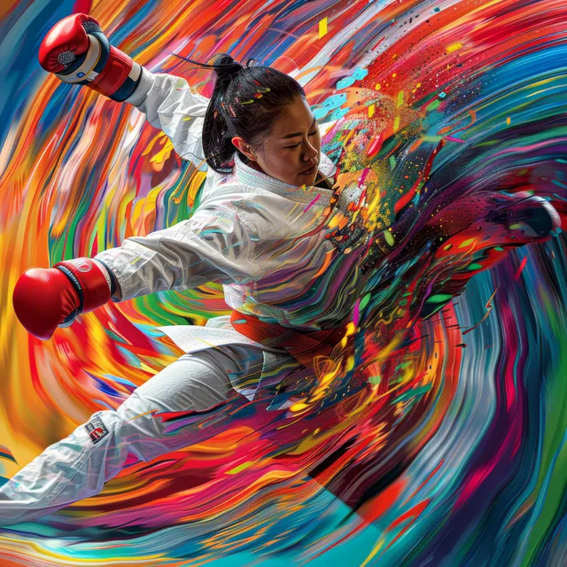 A taekwondo athlete performs a midair kick against a vivid background of swirling colorful motion trails.