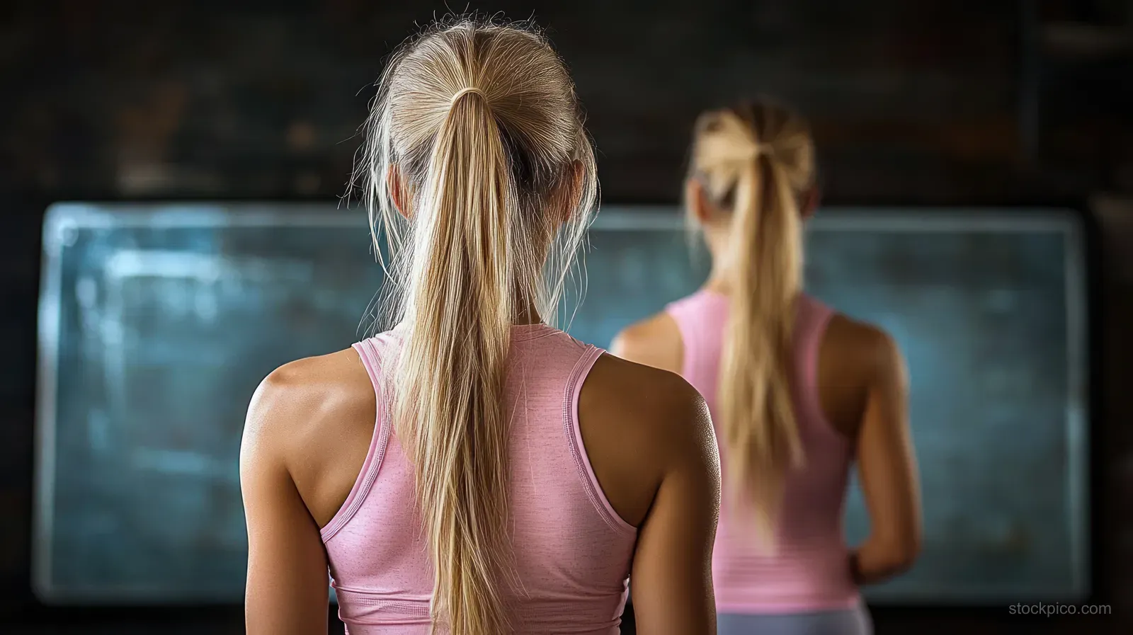 A woman in a pink tank top with a blonde ponytail stands by a mirror showing her reflected back in dim light.