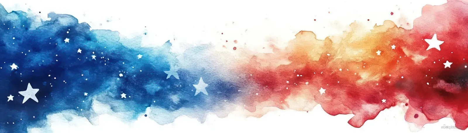 Red and blue watercolor banner with scattered white stars and soft splash textures.
