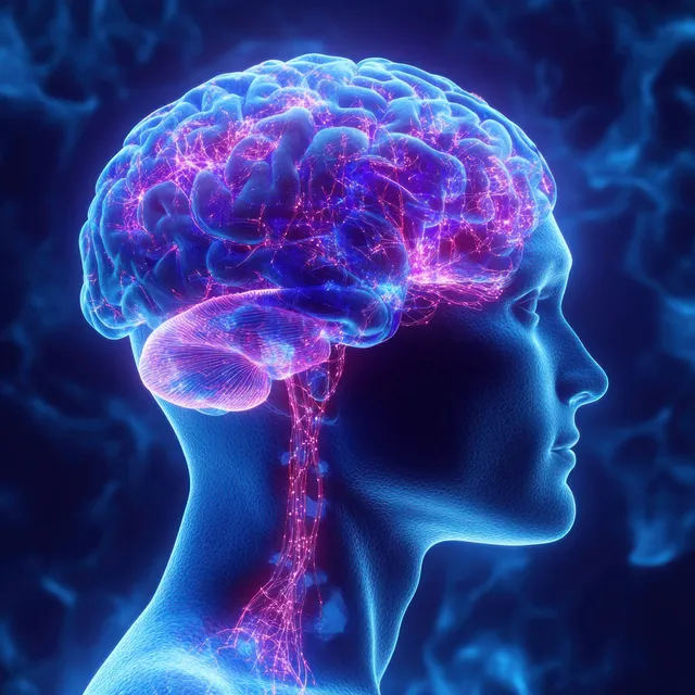 Neon human brain glowing inside head silhouette under blue and purple light effects